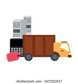 Delivery truck with shopping tag and calculator with bill symbols vector illustration graphic design