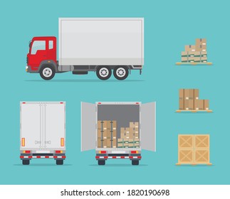 Delivery truck side and  back view, and different boxes. Isolated on blue background. Warehouse Equipment, cargo delivery, storage service concept. Flat style, vector illustration.