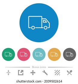 Delivery truck side view outline flat white icons on round color backgrounds. 6 bonus icons included.