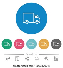 Delivery truck side view outline flat white icons on round color backgrounds. 6 bonus icons included.