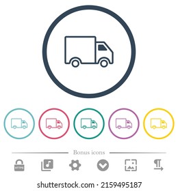 Delivery truck side view outline flat color icons in round outlines. 6 bonus icons included.