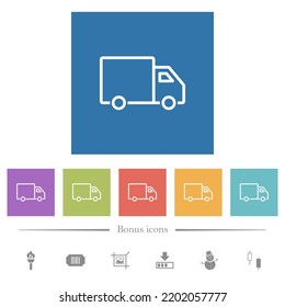 Delivery truck side view outline flat white icons in square backgrounds. 6 bonus icons included.