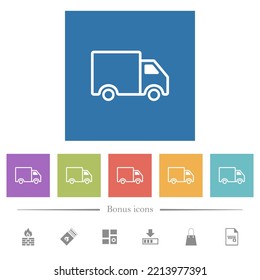 Delivery truck side view outline flat white icons in square backgrounds. 6 bonus icons included.