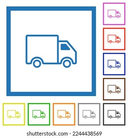 Delivery truck side view outline flat color icons in square frames on white background