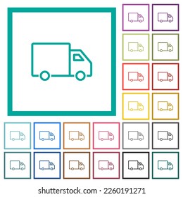 Delivery truck side view outline flat color icons with quadrant frames on white background