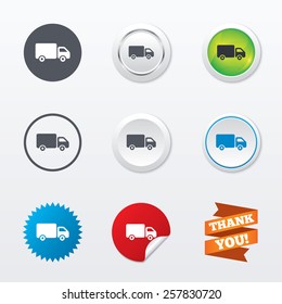 Delivery truck sign icon. Cargo van symbol. Circle concept buttons. Metal edging. Star and label sticker. Vector