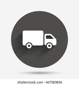 Delivery truck sign icon. Cargo van symbol. Circle flat button with shadow. Vector