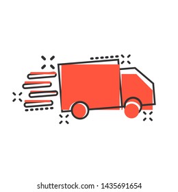 Delivery truck sign icon in comic style. Van vector cartoon illustration on white isolated background. Cargo car business concept splash effect.
