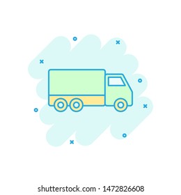 Delivery truck sign icon in comic style. Van vector cartoon illustration on white isolated background. Cargo car business concept splash effect.