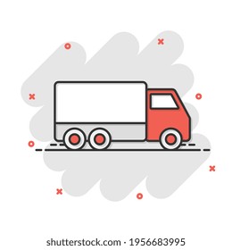 Delivery truck sign icon in comic style. Van vector cartoon illustration on white isolated background. Cargo car business concept splash effect.