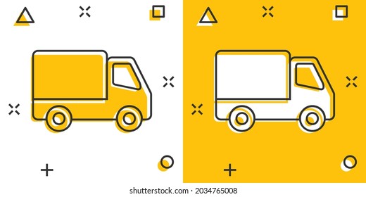Delivery truck sign icon in comic style. Van vector cartoon illustration on white isolated background. Cargo car business concept splash effect.