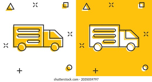 Delivery truck sign icon in comic style. Van vector cartoon illustration on white isolated background. Cargo car business concept splash effect.