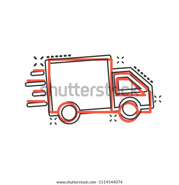 Delivery truck sign icon in comic style. Van
vector cartoon illustration on white isolated background. Cargo car
business concept splash
effect.