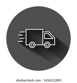 Delivery truck sign icon in flat style. Van vector illustration on black round background with long shadow. Cargo car business concept.