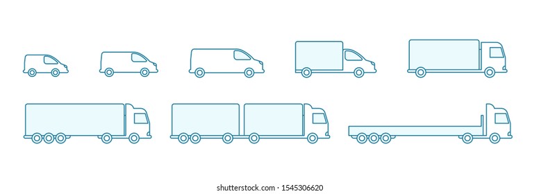 Delivery truck size set. Cargo transportation variation options. Shipping. Silhouette Infographic. Blue line flat vector icons.