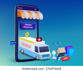 Delivery Truck In The Smartphone Application With Medicine And Box For Online Pharmacy