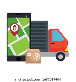 delivery truck with smartphone and location app vector illustration design