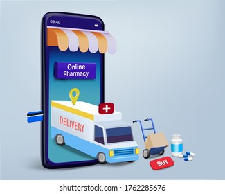 Delivery Truck In The Smartphone For Online Pharmacy