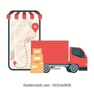 delivery truck in smartphone online service