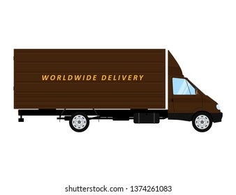 Delivery truck with text worldwide delivery on board. Cargo car icon. Isolated on white background. Vector illustration.