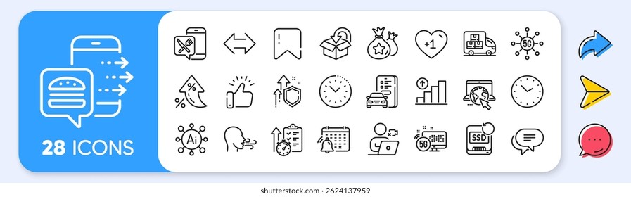 Delivery truck, Time and Improving safety line icons. Interest rate, AI generate, Inflation icons. Pack of Internet, 5g internet, Video conference icon. Vector