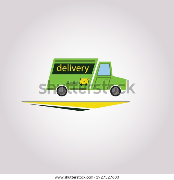 Delivery truck transporting a big cardboard\
package. Flat style