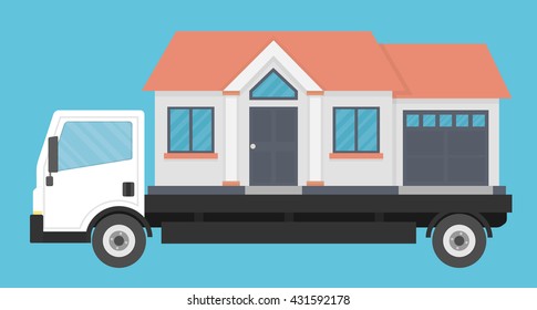 Delivery truck transporting a house. Moving company concept. Flat style