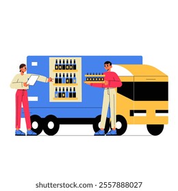 Delivery Truck Unloading Beverage Crates With Two Workers In Flat Vector Illustration Symbolizing Logistics, Supply Chain, And Beverage Distribution, Isolated On White Background