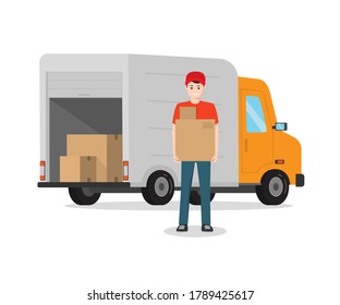 Delivery truck van, courier and cardboard boxes isolated on white background. Online delivery service concept. delivery home and office. Vector illustration in flat style