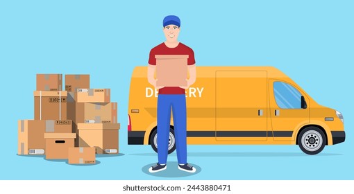 delivery truck van, courier and cardboard boxes with fragile signs isolated on white background. Online delivery service concept. delivery home and office. Vector illustration in flat style