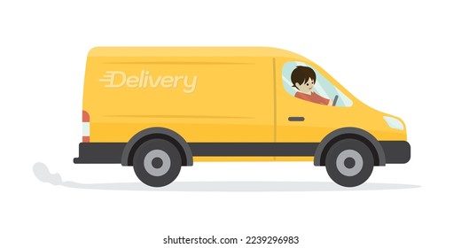 Delivery truck van with courier cartoon isolated on white background. Vector illustration of yellow truck delivery flat design.