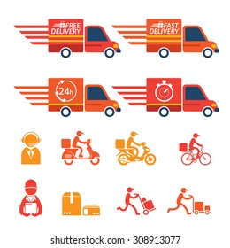 Delivery Truck or Van with Icons Set, Shipping, Transport, Order, Service, Fast and Free