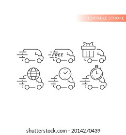 Juego de iconos de vectores de línea de camioneta o camión de entrega. Entrega rápida, marca de velocidad, reloj y símbolos de envío internacional. Esquema, trazo editable.