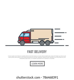 Delivery truck or van line vector illustration. Fast bus or auto motor vehicle concept. Moving company service. Courier in time delivery.