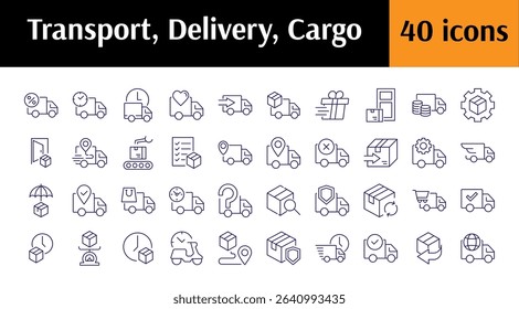 Delivery Truck, Van, Vehicle, Car Icon Set for UI, Placards, Books, Apps. Editable Stroke. Perfect for Web Sites, Books, Cards, Apps