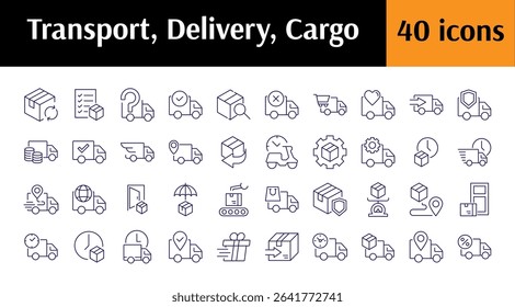 Delivery Truck, Van, Vehicle, Car Simple Isolated Line Icons Collection. Editable Stroke. Perfect for Web Sites, Books, Cards, Apps
