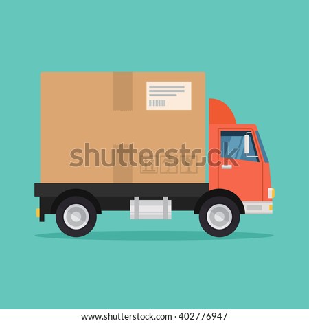Delivery truck vector flat illustration. Fast delivery service concept. Postal service creative icon design. 
