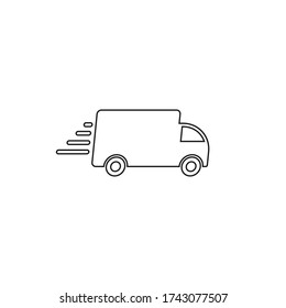 Icono vectorial del camión de entrega. Símbolo de coche de servicio de transporte rápido en movimiento. Señal de envío rápido. Logo logístico. Esbozo aislado sobre fondo blanco.
