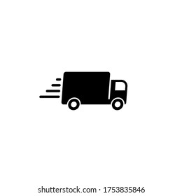 Icono vectorial del camión de entrega. Símbolo de coche de servicio de transporte rápido en movimiento. Señal de envío rápido. Logo logístico. Silueta negra aislada sobre fondo blanco.