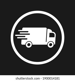 Icono vectorial del camión de entrega. Símbolo de coche de servicio de transporte rápido en movimiento. Señal de envío rápido. Logo logístico. Silhouette aislada de fondo blanco.