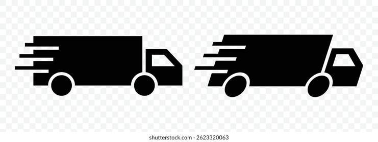 Delivery truck vector line icons set. Delivery truck icon. Fast shipping delivery icon. Cargo van moving fast. Logistics trucking. Vector illustration.