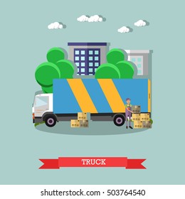 Delivery truck vector poster in flat style. Logistic and delivery service concept banner. Warehouse and truck shipping.