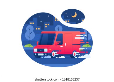 Delivery truck vector. Red minivans deliver packages at night very fast.