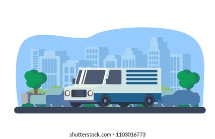 Delivery truck. Vehicle for fast transportation goods. Logistics delivery service. Urban background.