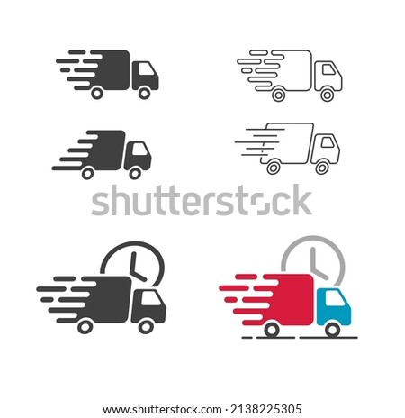 Delivery truck vehicle icon vector or lorry cargo car van for freight courier transit pictogram line outline art and flat symbol isolated, commercial fast shipping business service automobile 