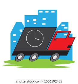 Delivery truck vehicle over a colored cityscape - Vector