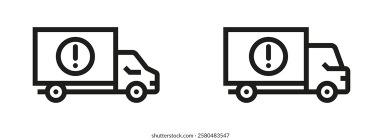 Delivery truck with warning or caution sign. Delivery is delayed icon. Concept of delivery issues, logistics problems, or transportation risks. Vector set