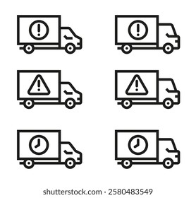 Delivery truck with warning or caution sign. Delivery is delayed icon. Concept of delivery issues, logistics problems, or transportation risks. Vector set with editable stroks