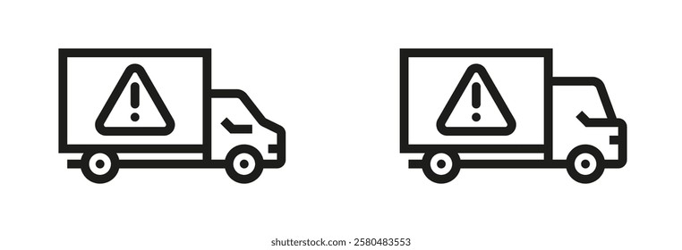 Delivery truck with warning or caution sign. Delivery is delayed icon. Concept of delivery issues, logistics problems, or transportation risks. Vector set