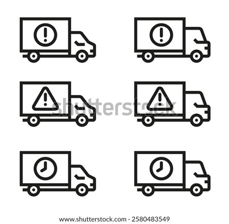 Delivery truck with warning or caution sign. Delivery is delayed icon. Concept of delivery issues, logistics problems, or transportation risks. Vector set with editable stroks